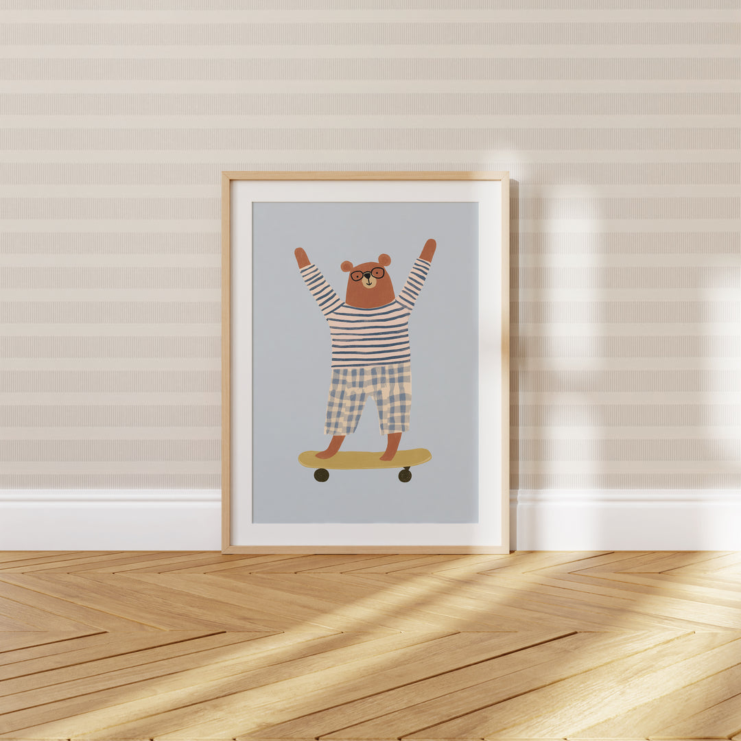 Skateboarding Bear Print | Cool Animal Nursery Wall Art for Kids