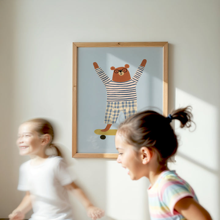 Skateboarding Bear Print | Cool Animal Nursery Wall Art for Kids