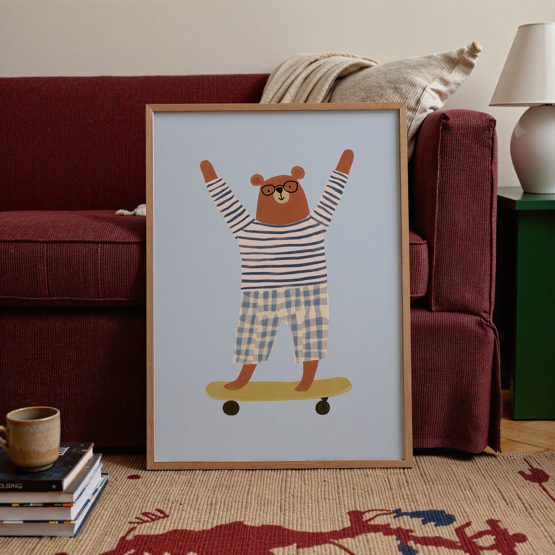 Skateboarding Bear Print | Cool Animal Nursery Wall Art for Kids