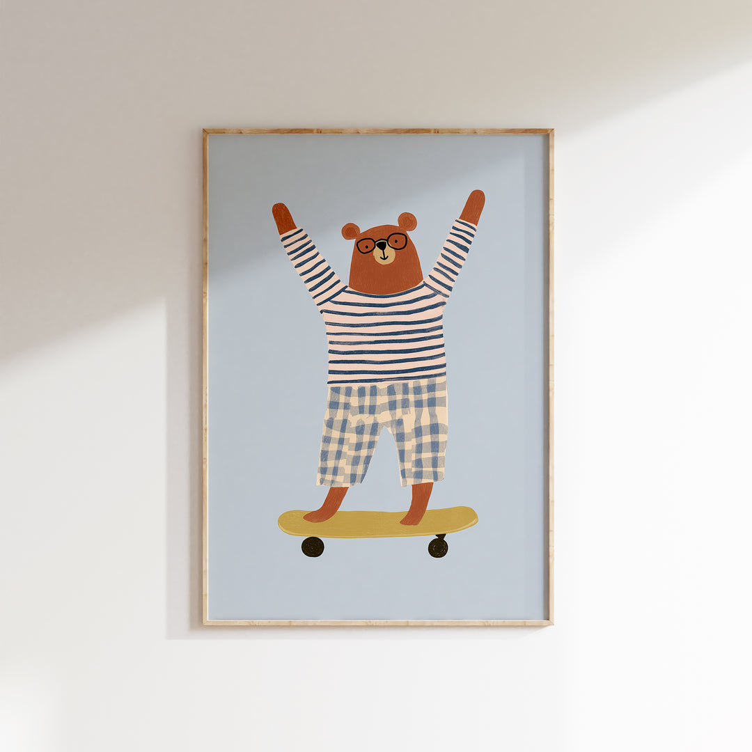 Skateboarding Bear Print | Cool Animal Nursery Wall Art for Kids