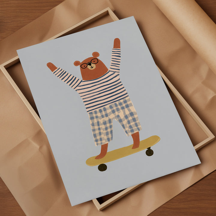 Skateboarding Bear Print | Cool Animal Nursery Wall Art for Kids