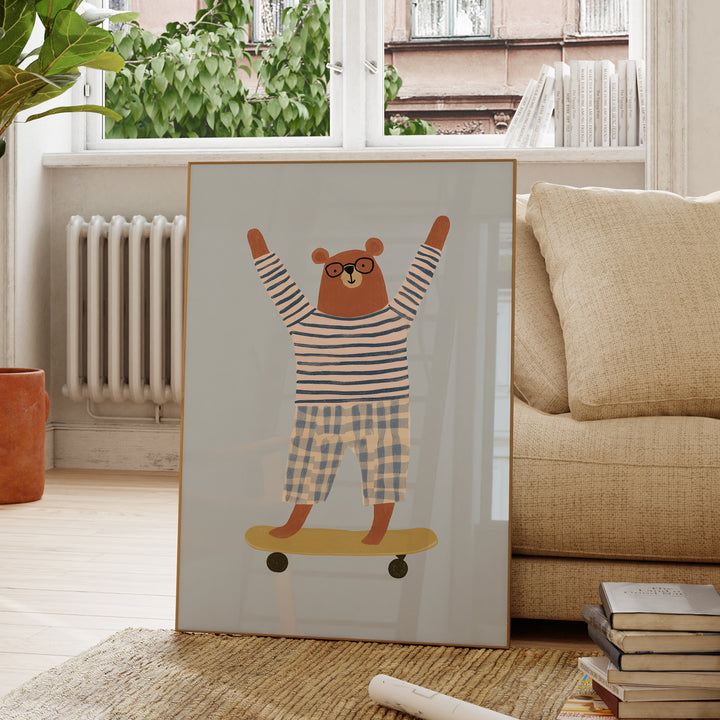 Skateboarding Bear Print | Cool Animal Nursery Wall Art for Kids