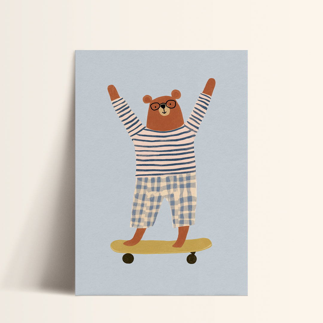 Skateboarding Bear Print | Cool Animal Nursery Wall Art for Kids