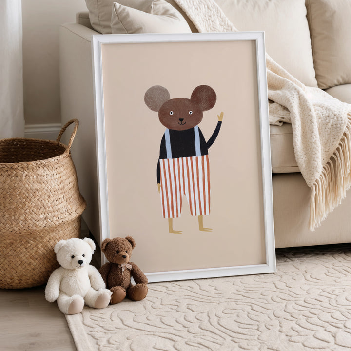 Mouse in Striped Pants Print | Cute Animal Nursery Wall Art