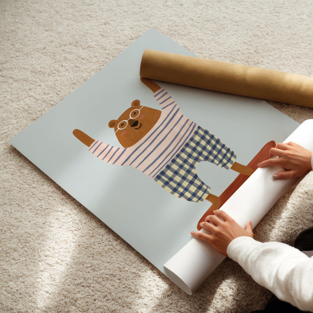 Skateboarding Bear Coral Print | Playful Animal Nursery Art