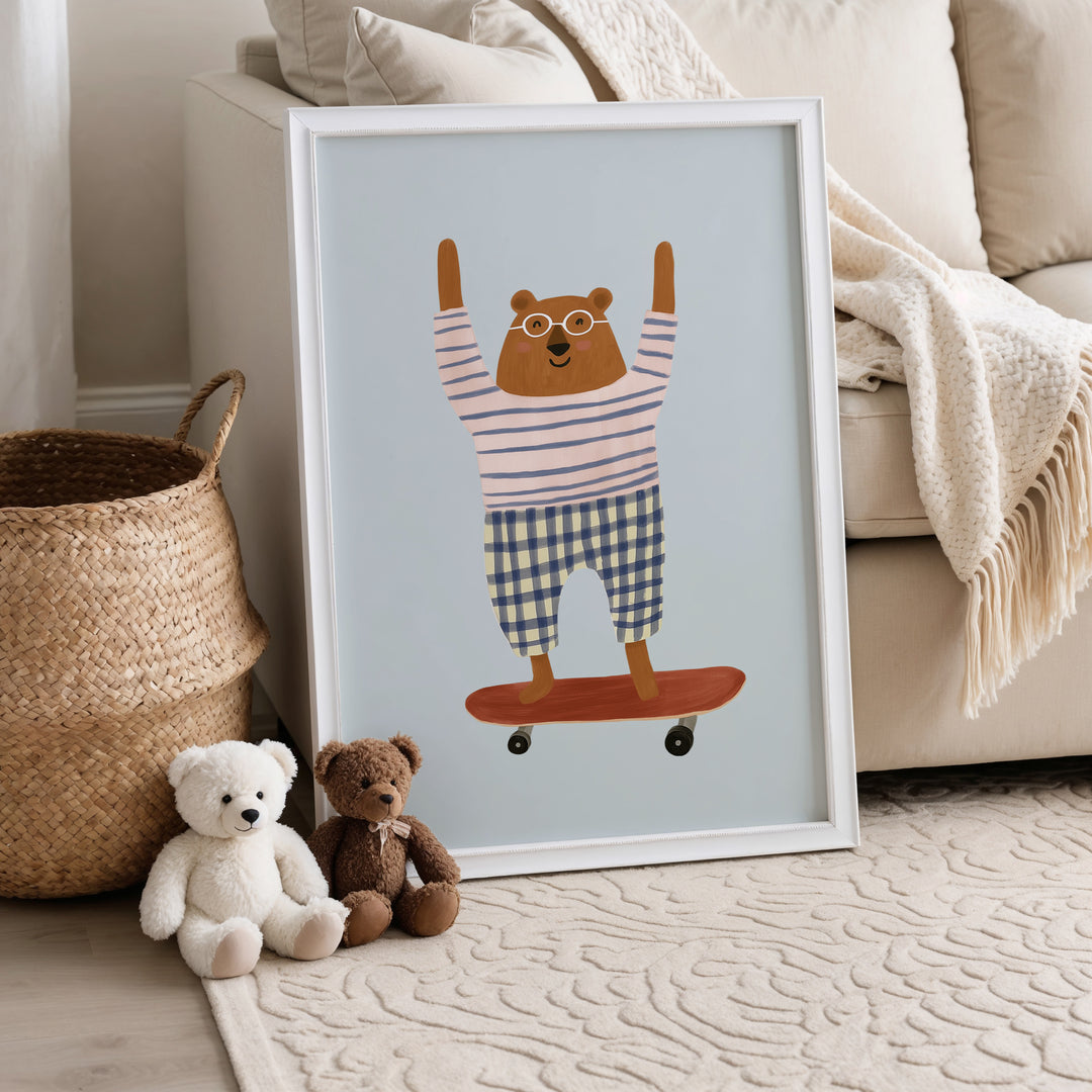 Skateboarding Bear Coral Print | Playful Animal Nursery Art
