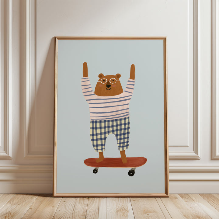 Skateboarding Bear Coral Print | Playful Animal Nursery Art