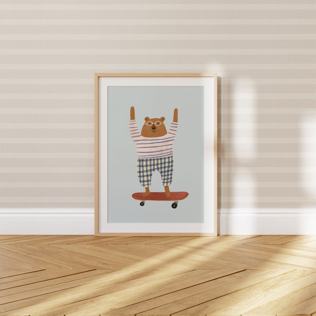 Skateboarding Bear Coral Print | Playful Animal Nursery Art
