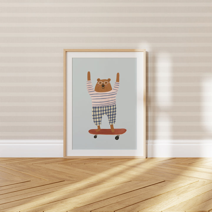 Skateboarding Bear Coral Print | Playful Animal Nursery Art
