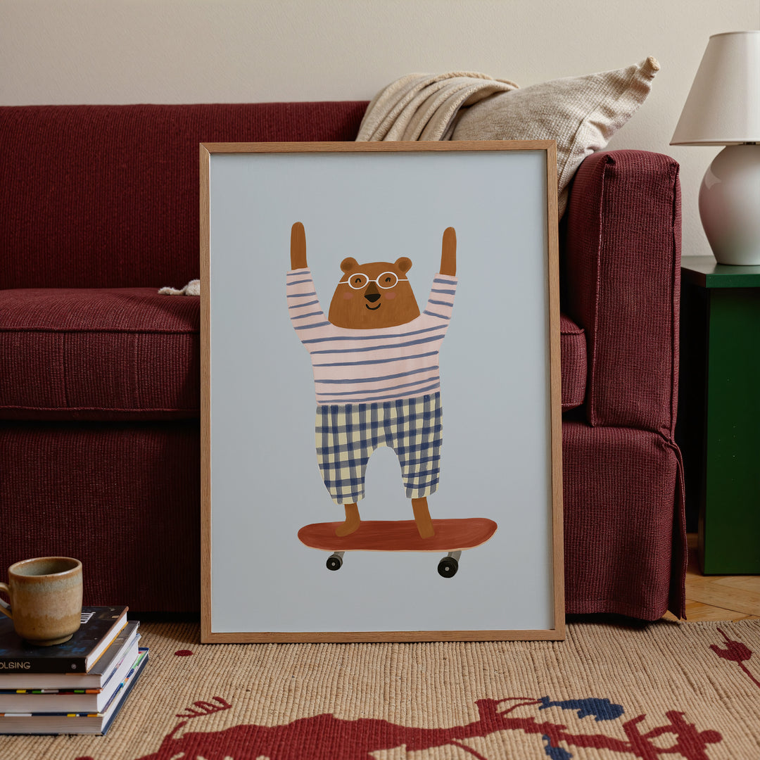 Skateboarding Bear Coral Print | Playful Animal Nursery Art