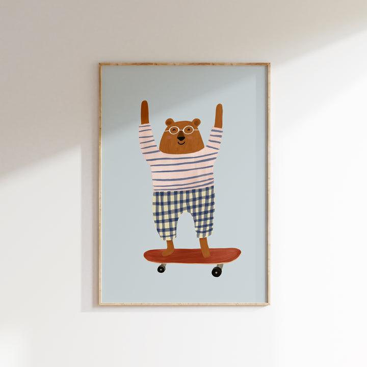 Skateboarding Bear Coral Print | Playful Animal Nursery Art