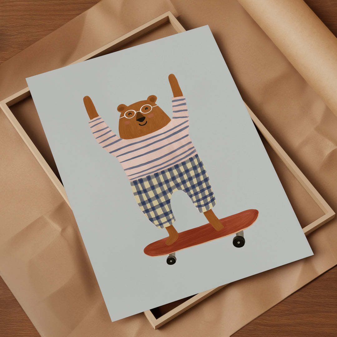 Skateboarding Bear Coral Print | Playful Animal Nursery Art