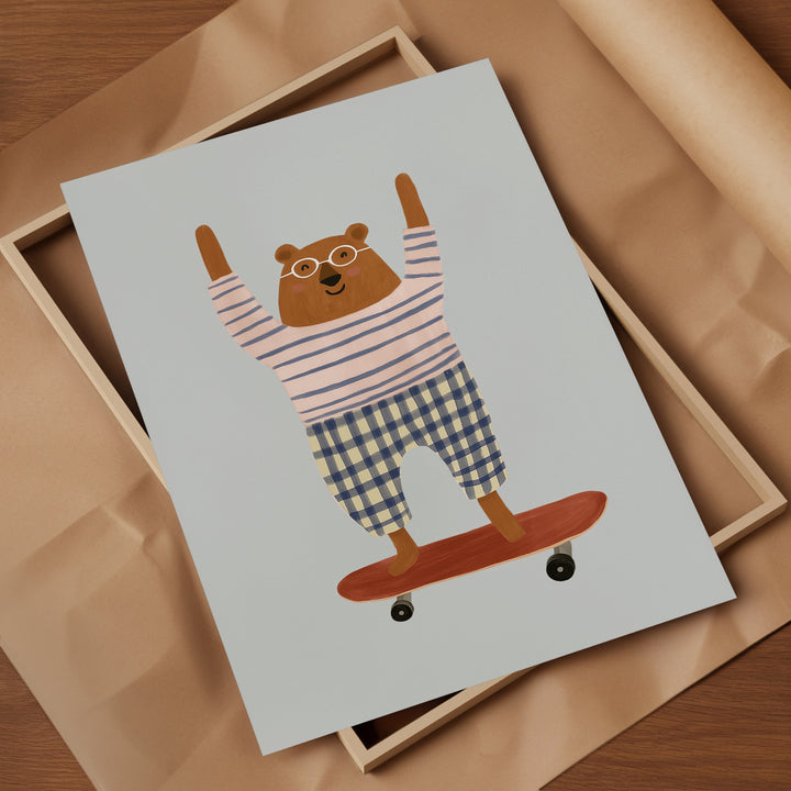 Skateboarding Bear Coral Print | Playful Animal Nursery Art