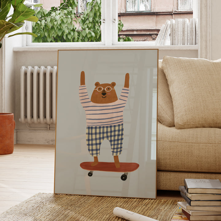 Skateboarding Bear Coral Print | Playful Animal Nursery Art