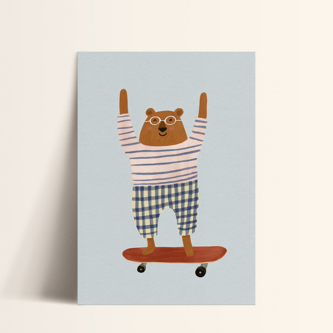 Skateboarding Bear Coral Print | Playful Animal Nursery Art