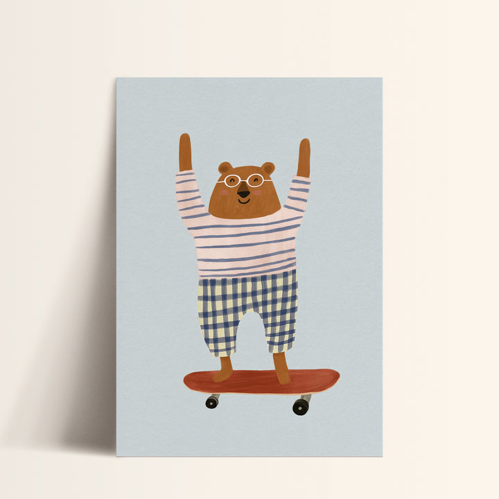 Skateboarding Bear Coral Print | Playful Animal Nursery Art