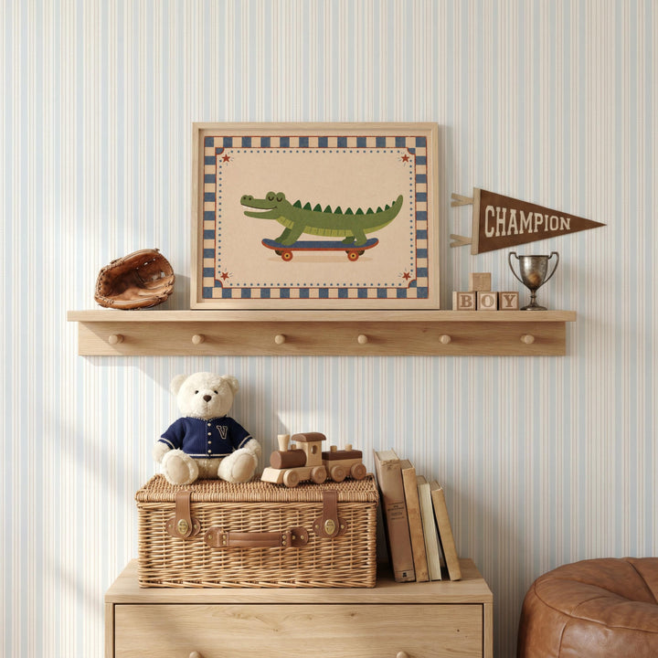 a shelf with various toys and decorations, including a framed picture of a crocodile on a skateboard, a teddy bear, a wooden train, and a trophy.
