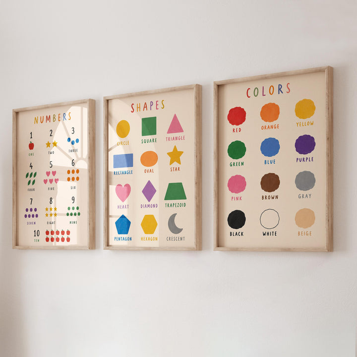 Educational Nursery Print Set of 12 | Preschool Learning Posters (Alphabet, Numbers, Colors, Shapes)