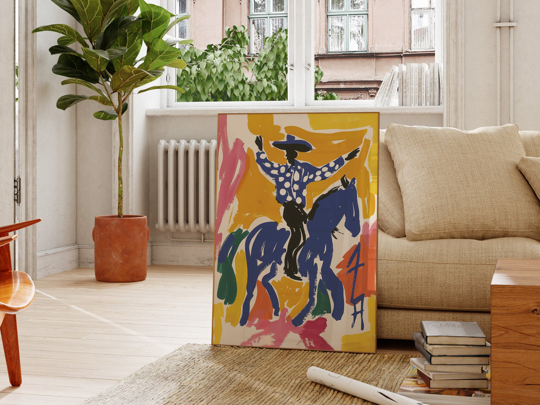 a painting of a man on a horse in a living room