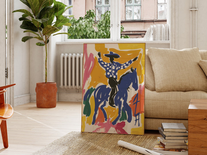 a painting of a man on a horse in a living room