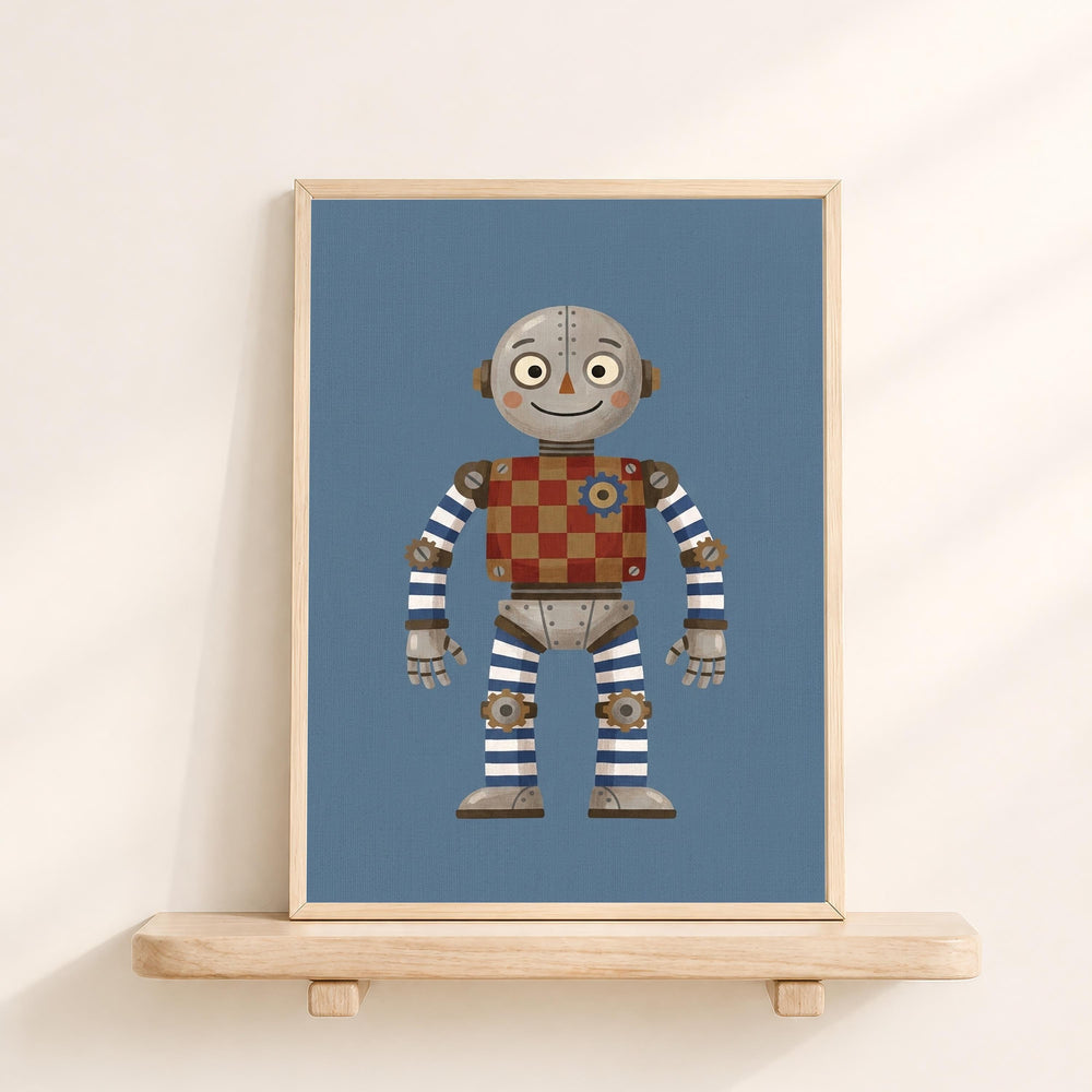 A framed illustration of a robot with a checkered pattern on its chest and arms, standing against a blue background.
