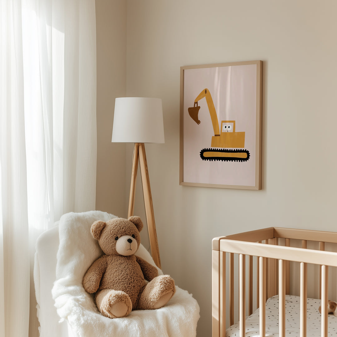 a teddy bear sitting in a chair next to a crib
