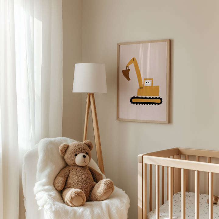a teddy bear sitting in a chair next to a crib