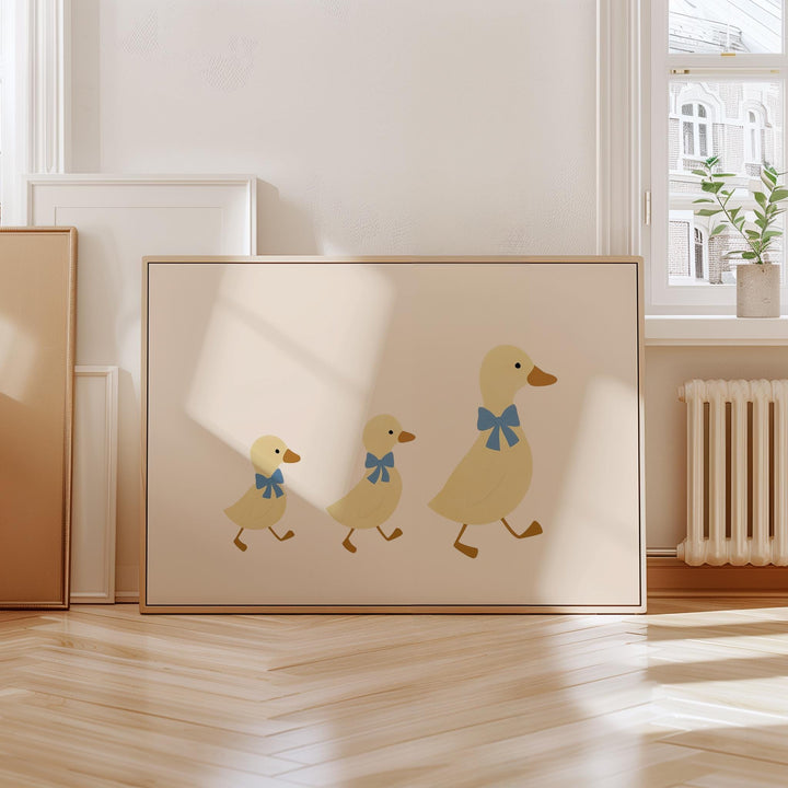 a picture of a duck and duckling in a room