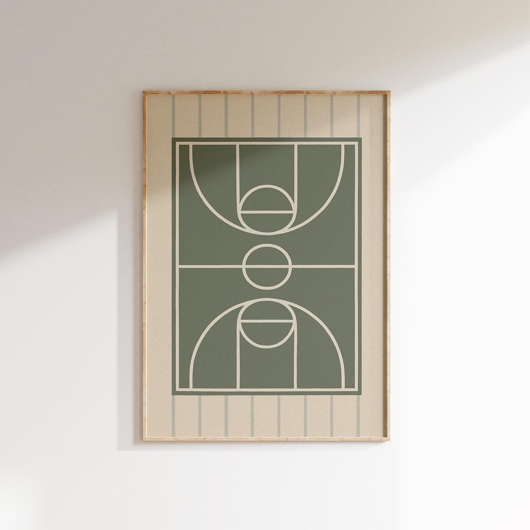 a picture of a basketball court hanging on a wall