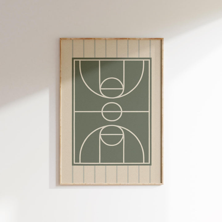 a picture of a basketball court hanging on a wall