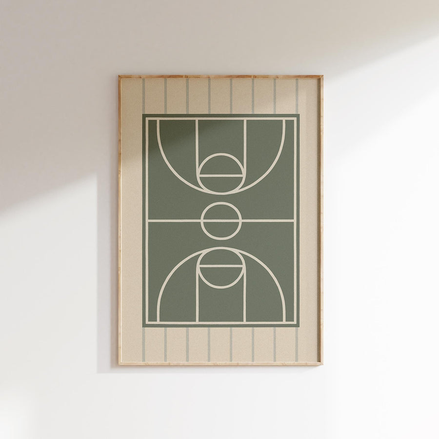 a picture of a basketball court hanging on a wall