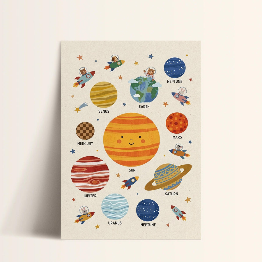 The image is a colorful illustration of various planets and celestial bodies, including Earth, Mars, Jupiter, Saturn, Uranus, and Neptune, along with a smiling face and a rocket ship.