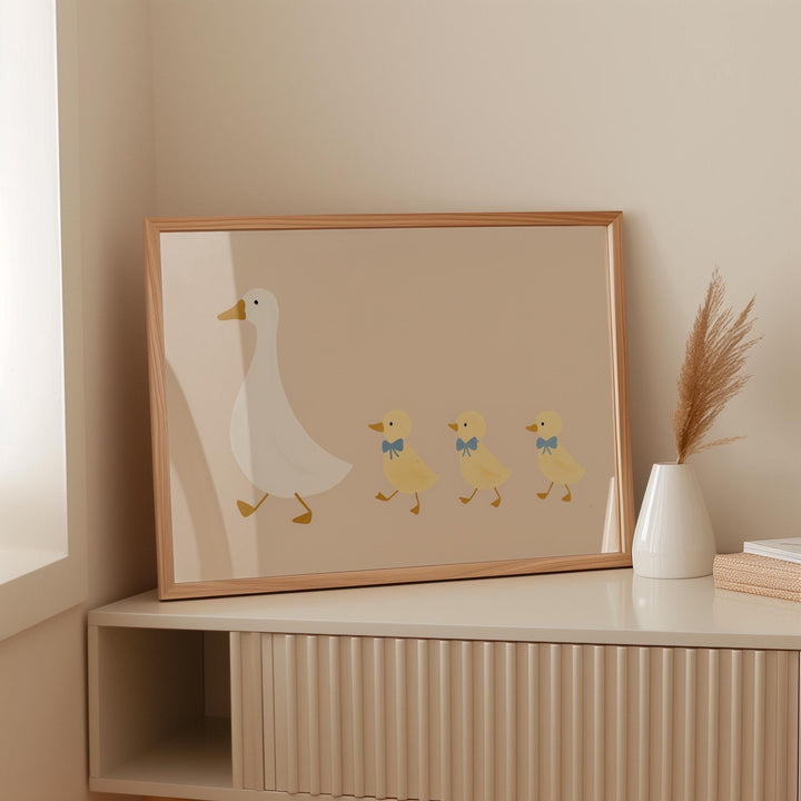 a picture of a duck family on a shelf
