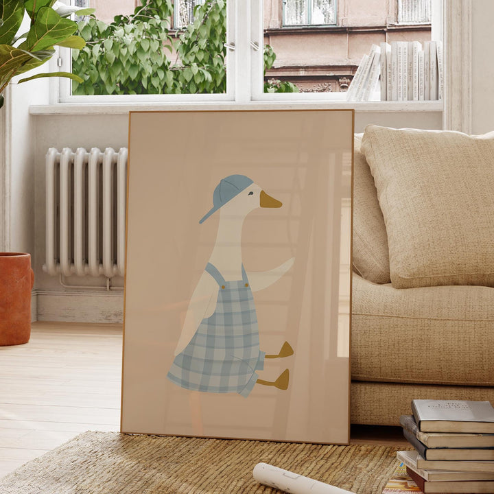 a picture of a duck in a blue dress
