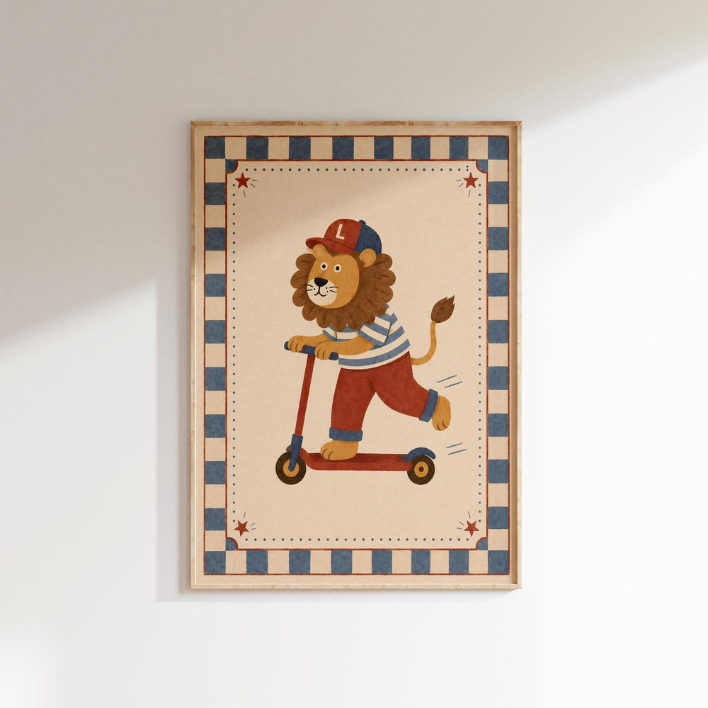 A framed illustration of a lion riding a scooter.
