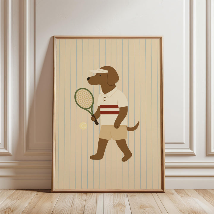 a picture of a dog holding a tennis racket