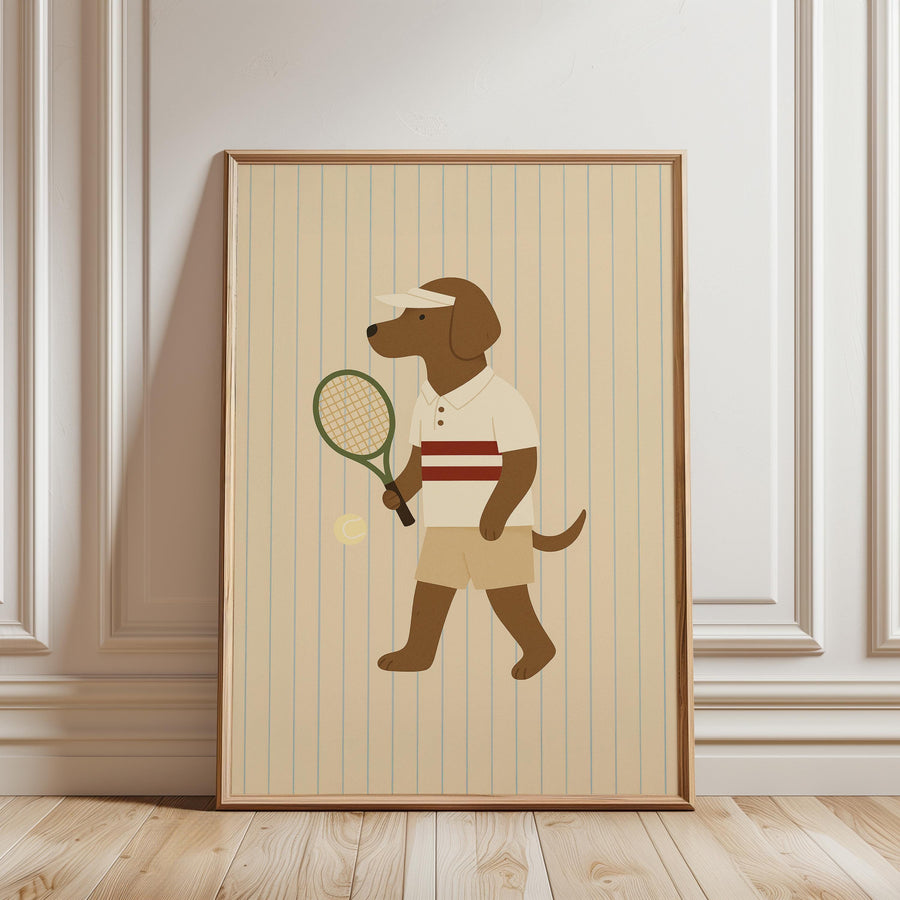a picture of a dog holding a tennis racket