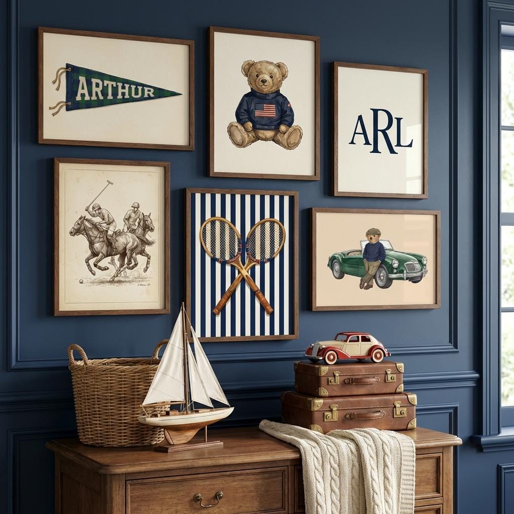 Personalized Preppy Nursery Art, Ralph Teddy Bear, Vintage Sports Kids Room