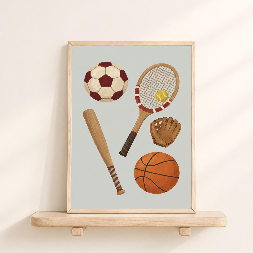 A framed collage of sports equipment, including a soccer ball, tennis racket, baseball bat, and basketball, is displayed on a wooden shelf against a white wall.