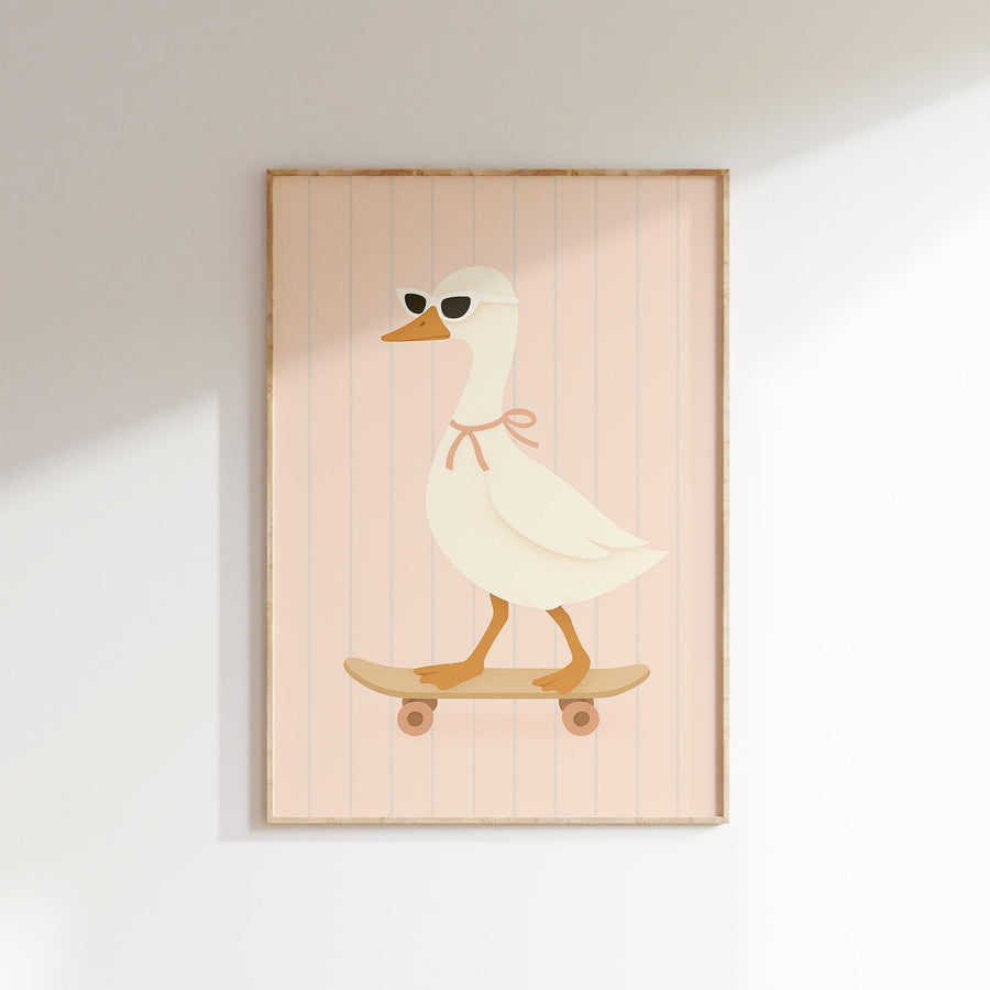 a picture of a duck on a skateboard