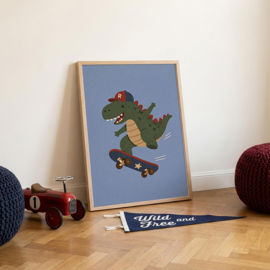a framed illustration of a dinosaur riding a skateboard, with a banner that reads "Wild Free and" placed on the floor next to a toy tractor.