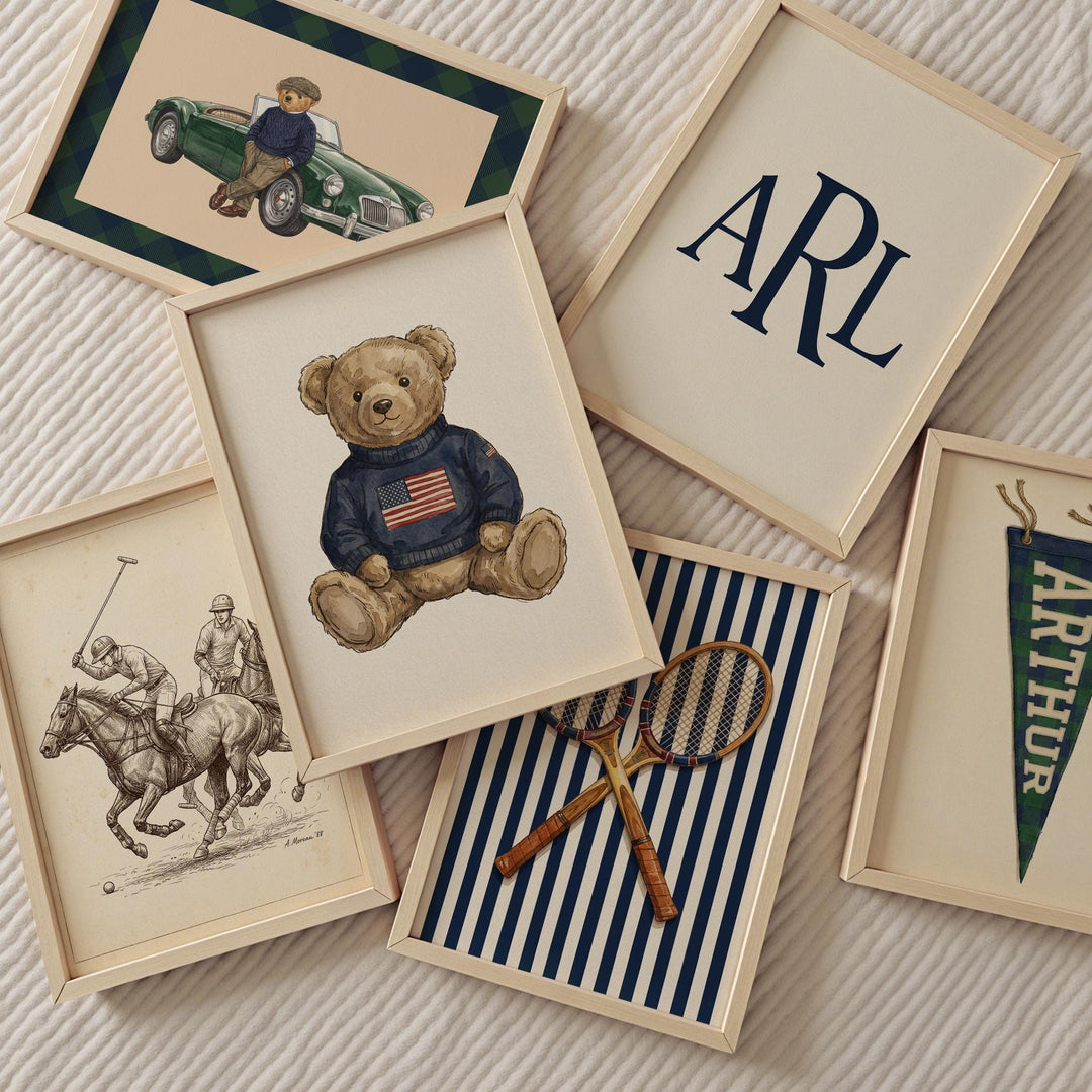 Personalized Preppy Nursery Art, Ralph Teddy Bear, Vintage Sports Kids Room