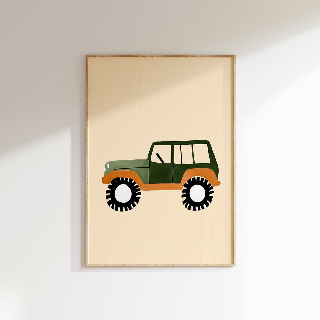 a picture of a green jeep on a wall
