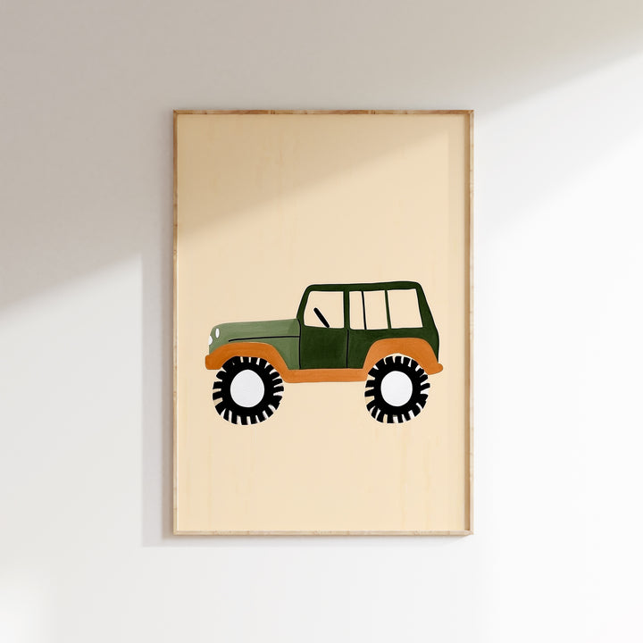 a picture of a green jeep on a wall