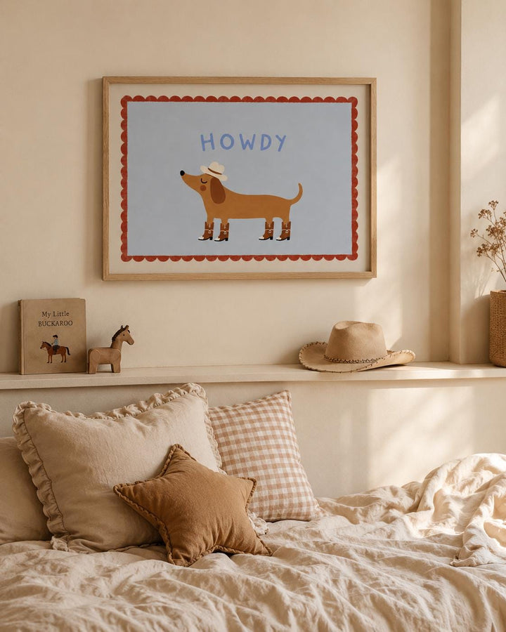 a cozy bedroom scene with a framed poster of a cartoon dog wearing a cowboy hat, a shelf with a hat and a toy horse, and a bed with pillows and a star-shaped pillow.