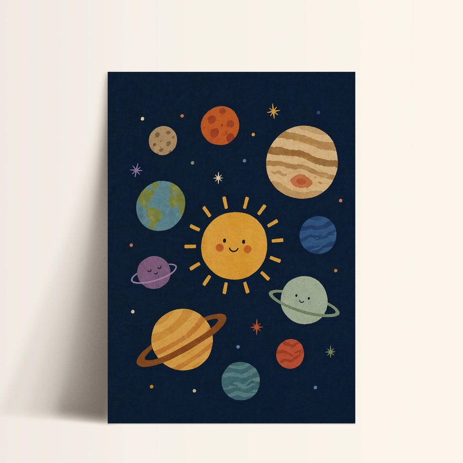 A vibrant illustration depicting a whimsical solar system, with planets, stars, and a smiling sun.