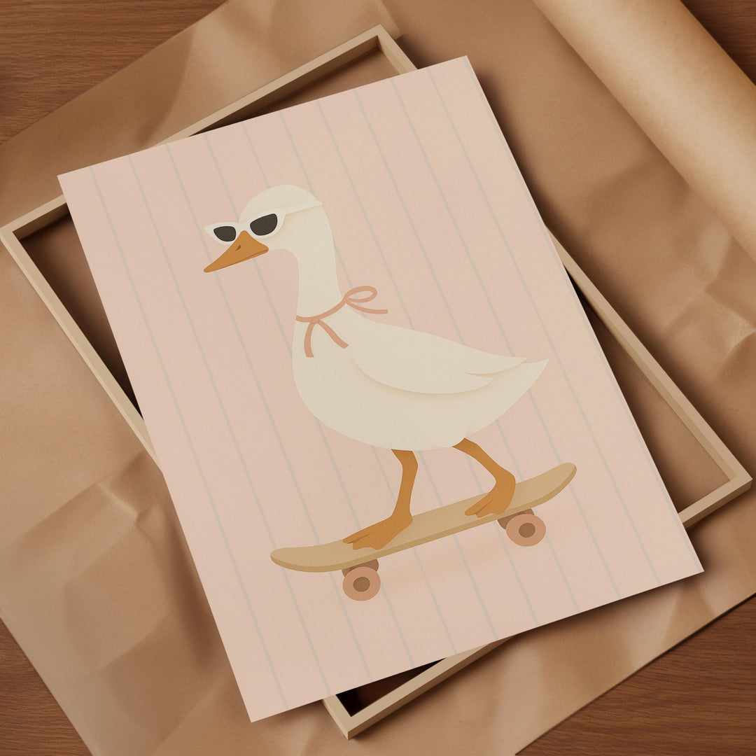 a picture of a duck on a skateboard