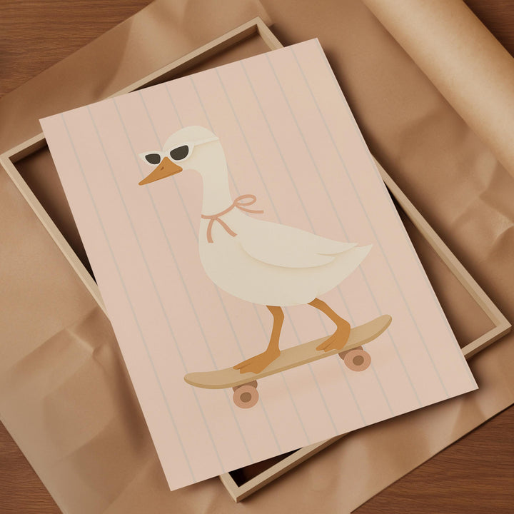 a picture of a duck on a skateboard
