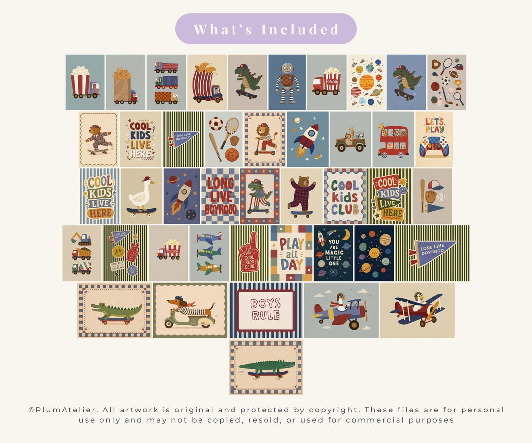 Boys Nursery Wall Art Bundle | 40 Printable Navy & Eclectic Kids Prints