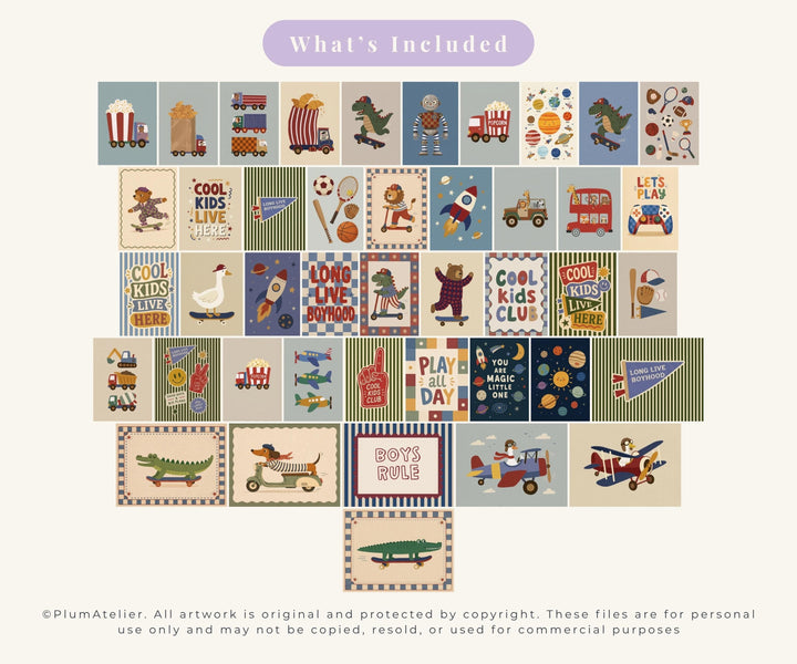 Boys Nursery Wall Art Bundle | 40 Printable Navy & Eclectic Kids Prints